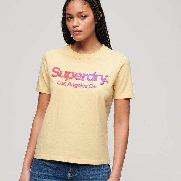 NEW Superdry Tonal Rainbow Core T Shirt Womens Small S 6 Yellow Relaxed Tee H03X - Picture 1 of 6